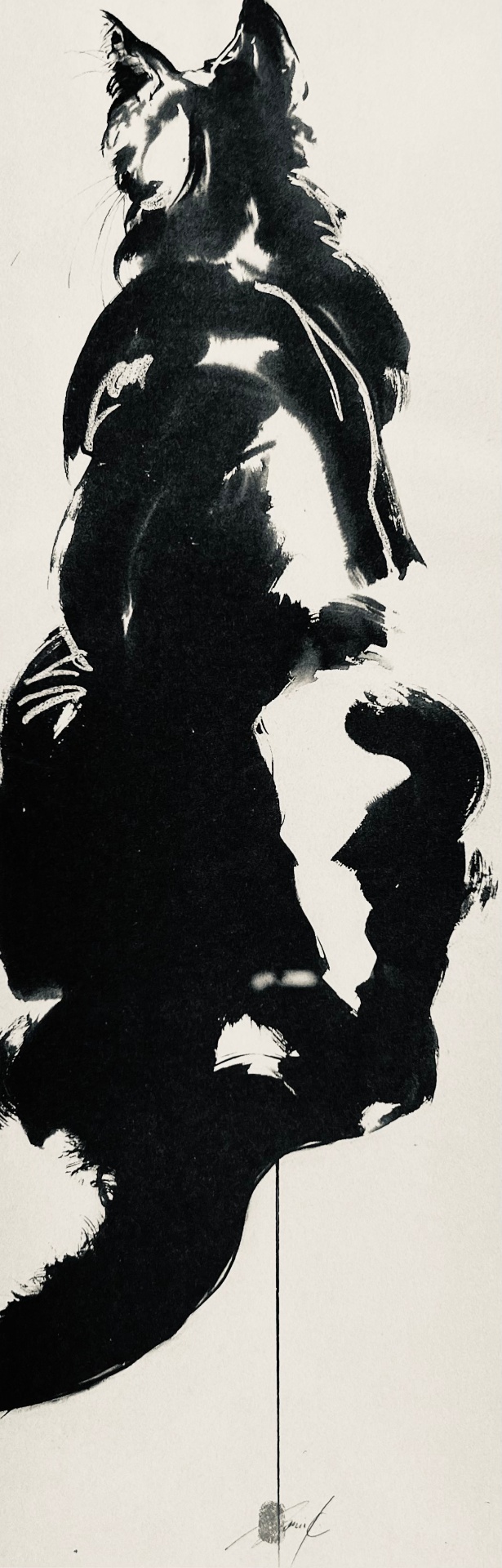 Chat noir debout — Tuschezeichnung von Sonja Knapp